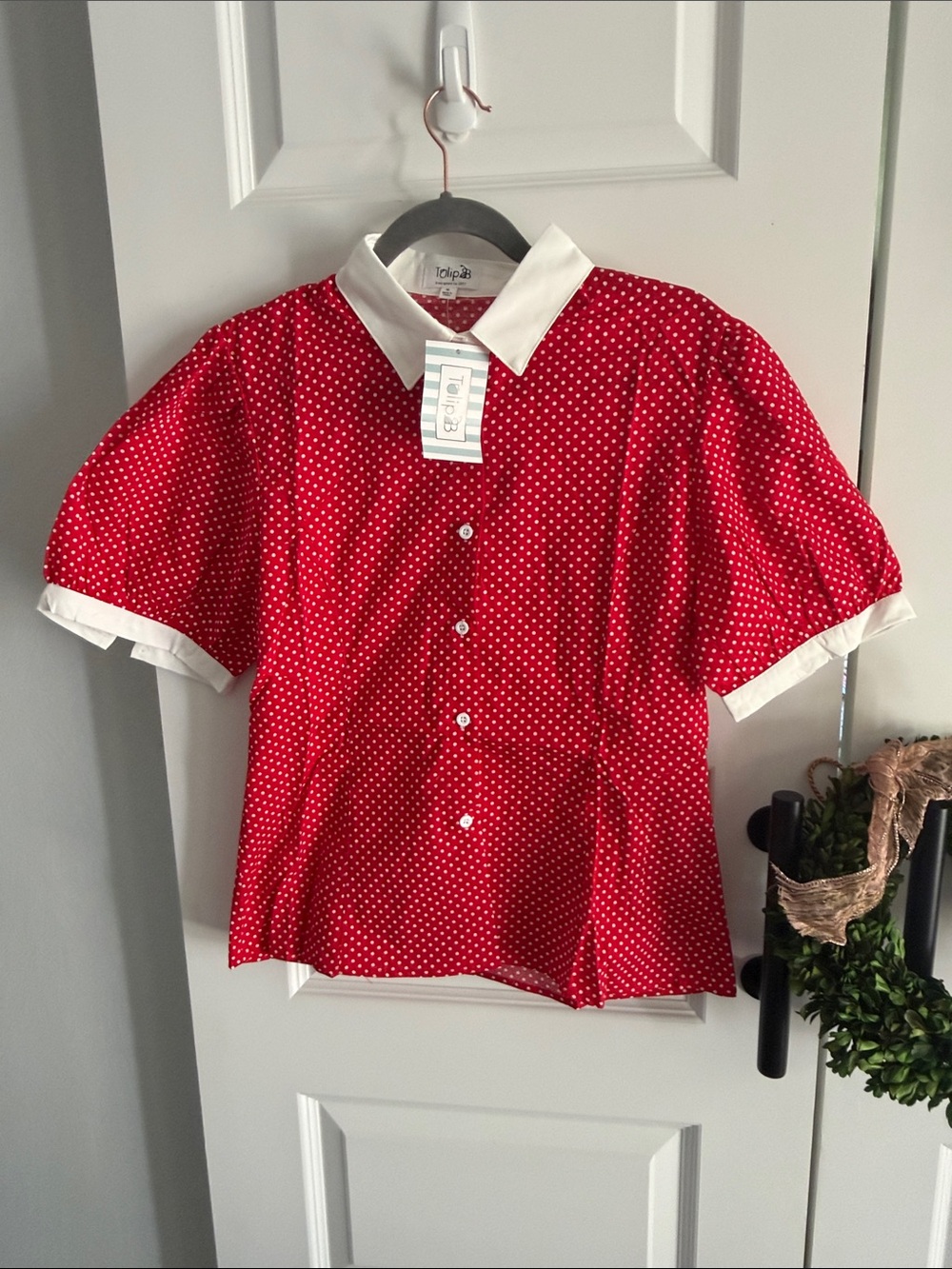 Tulip B Red Polka Dot Short-Sleeve Blouse with White Collar - Picture 3 of 6